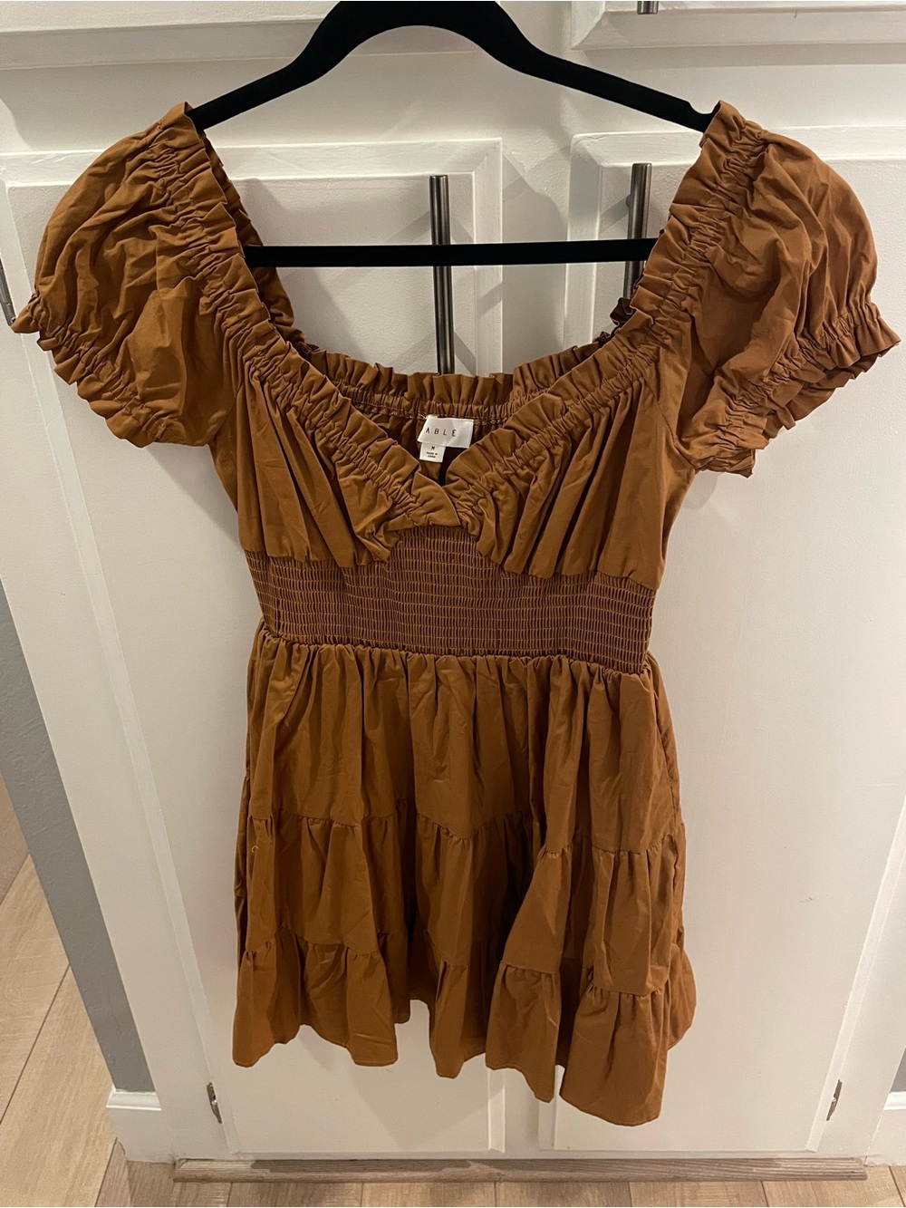 Women’s Smocked Mustard Brown Puff Sleeve Dress, size M